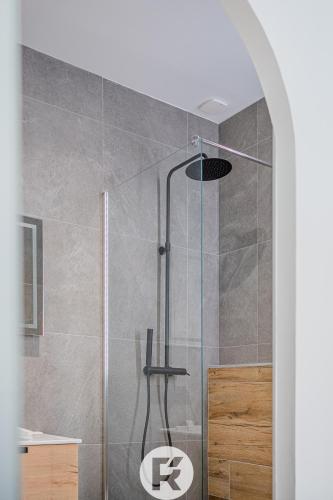 une douche avec une porte vitrée dans une salle de bain dans l'établissement R'Apparts T2 Simply Beautiful, à Grenoble