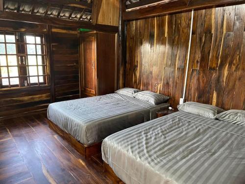 two beds in a room with wooden walls at Highland garden - homestay Phú Yên 