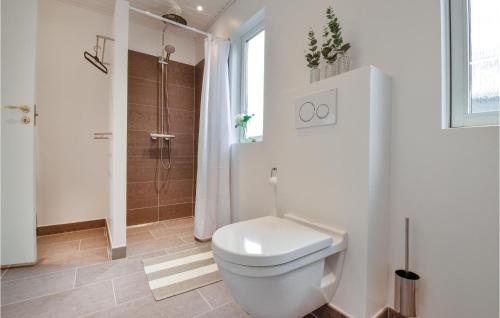 スナーヴィグにあるBlbrhusetの白いバスルーム(トイレ、シャワー付)