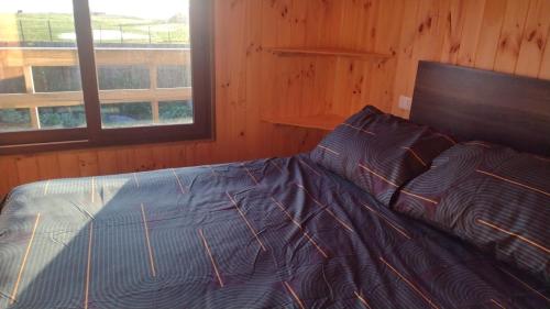 een slaapkamer met een bed in een houten hut bij Cabaña pullay in Cobquecura