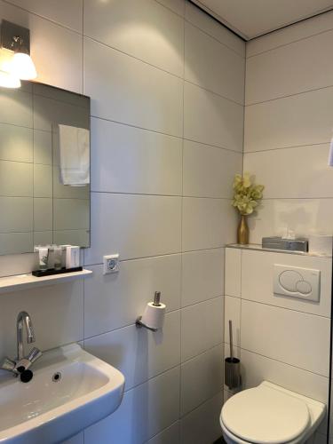 bagno con servizi igienici, lavandino e specchio di Het Wapen van Rhoon a Rhoon