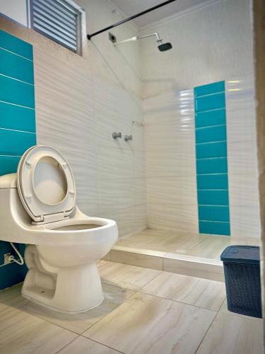 ein weißes Bad mit einem WC und einer Dusche in der Unterkunft Apartamento sector aeropuerto in Manizales