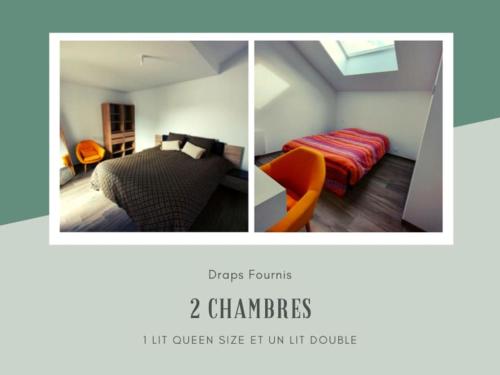 deux photos d'une chambre avec un lit et un canapé dans l'établissement Maison rénovée dans le vignoble, à Saint-Fiacre-sur-Maine