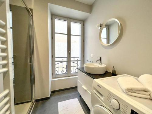 une salle de bain avec un lavabo et une machine à laver dans l'établissement Appart DELAVIGNE spacieux classé 4 étoiles parking privatif, à Aix-les-Bains