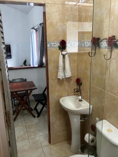 uma casa de banho com um chuveiro, um WC e um lavatório. em Casa Perto do Centro em Paraty