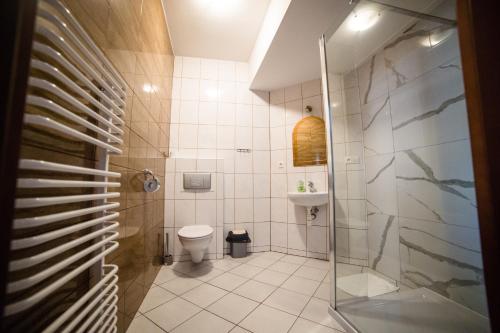 a bathroom with a toilet and a glass shower at Zajazd pod Jarem in Bałtów