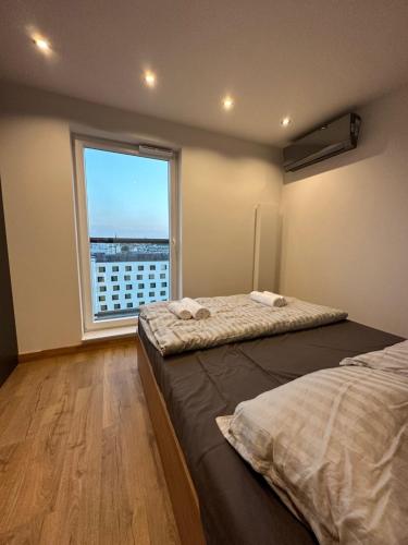 two beds in a room with a large window at 8Flor Sokolska 30 Katowice in Katowice