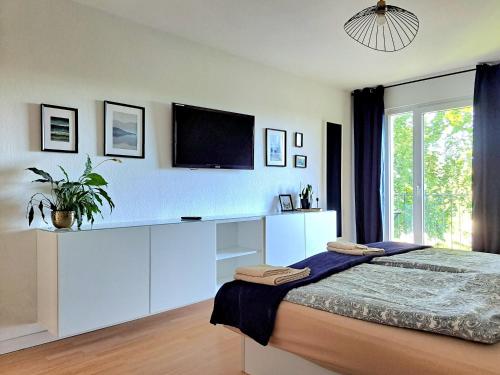 1 dormitorio con 1 cama y TV de pantalla plana en Ferienwohnung Rosengarten, en Rosengarten