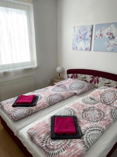 a bedroom with two beds with pink pillows on them at Apartmán IRIS Podhájska in Podhájska