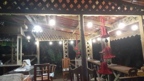 a dining room with a table and chairs and lights at Corredores del Pacuare in La Suiza