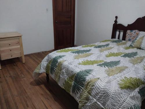 a bedroom with a bed with a green and white comforter at Terranova in Cuenca