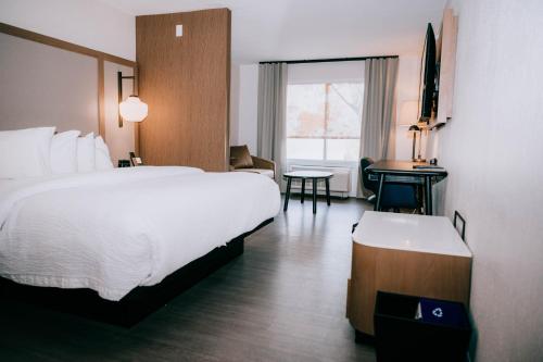 Habitación de hotel con cama grande y escritorio. en Fairfield Inn & Suites by Marriott Lexington Georgetown/College Inn, en Georgetown