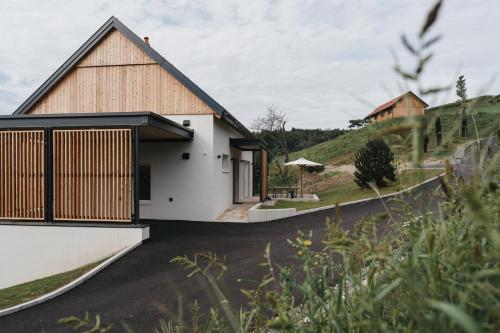 a house on a hillside with a white facade at Das Dietrich - Landhaus 64 in Leibnitz