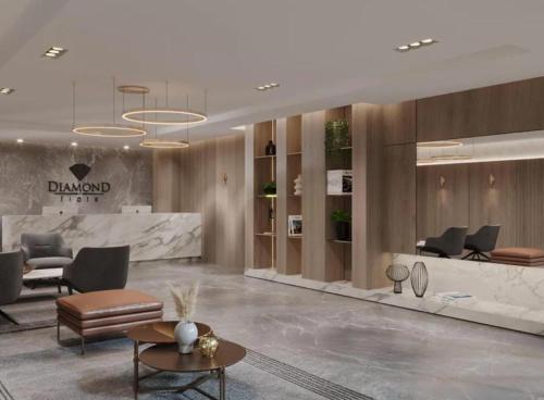 a lobby of a hotel with a reception desk at Flat em São Lourenço in São Lourenço