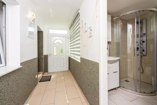 a bathroom with a walk in shower and a glass door at Greenhouse Adria in Bribir