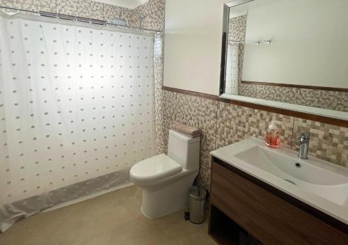 a bathroom with a toilet and a sink and a mirror at Casa Catrianca, Punta de Lobos in Pichilemu