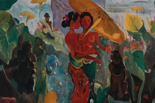 a painting of two women with an umbrella at Das Dietrich - Landhaus 64 in Leibnitz