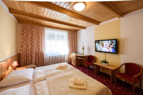 a hotel room with two beds and a tv on the wall at Sport-V-Hotel in Hrotovice