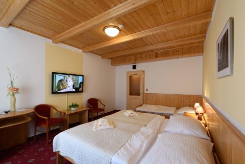 a hotel room with two beds and a tv at Sport-V-Hotel in Hrotovice