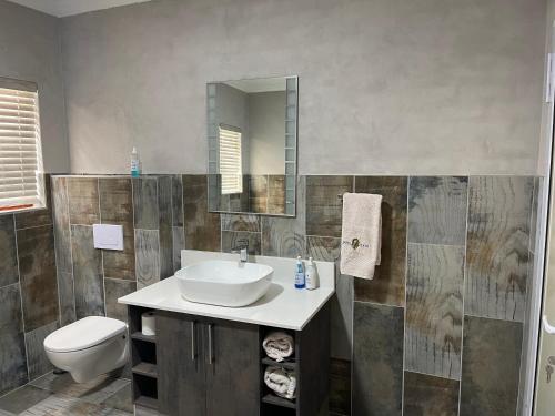 a bathroom with a sink and a toilet and a mirror at Upper Room Guesthouse in Kirkwood