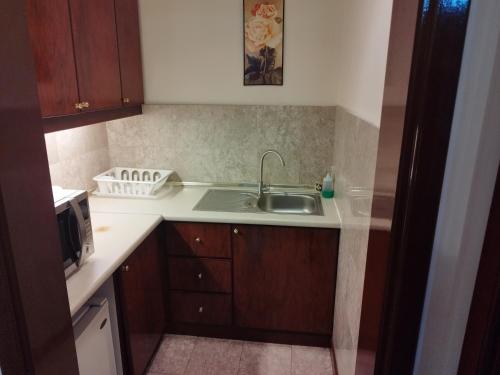 a kitchen with a sink and a microwave at Bintang Royal Casa Suites Times Square KL in Kuala Lumpur
