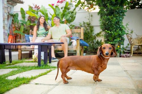 Ein Hund steht neben einem Paar, das auf einem Tisch sitzt. in der Unterkunft Pousada Flor de Ponta Negra in Natal