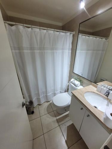 a bathroom with a toilet and a sink and a mirror at Experiencia 2Terramar 1Hab-1Baño-1 Estac in Antofagasta