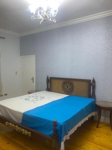 een slaapkamer met een groot bed en een blauwe deken bij شقه مفروشة بالمهندسين in Caïro