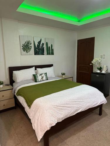 een slaapkamer met een groot bed met groene verlichting bij Entire apartment 