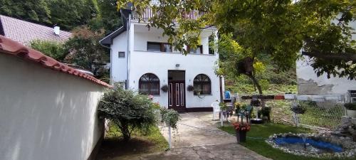 a white house with a door and a yard at Sobe Lara in Donji Milanovac