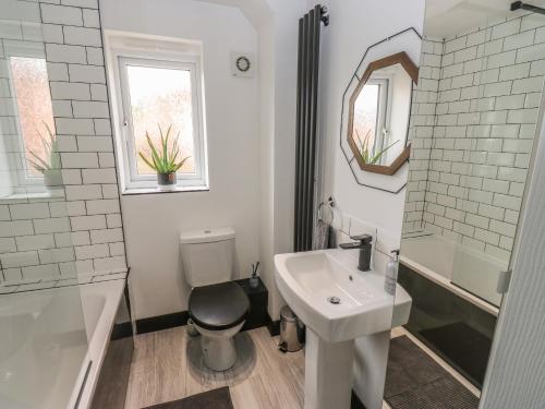 La salle de bains est pourvue d'un lavabo, de toilettes et d'un miroir. dans l'établissement Fisherman's Retreat, à Mirfield
