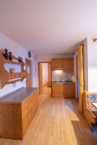 a kitchen with wooden cabinets and a counter top at Patztauhof in Sluderno