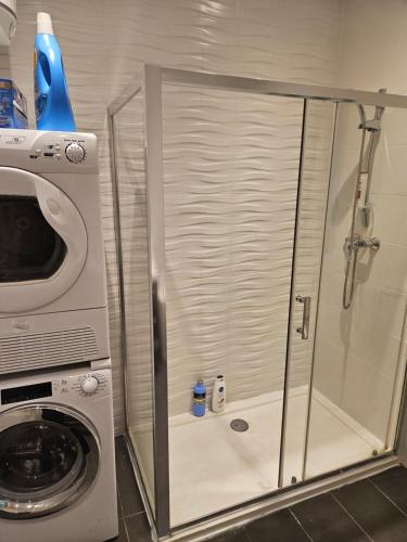 y baño con cabina de ducha y lavadora. en Double bedroom in shared Penthouse Apartment - Seabreeze Terraces, en St Paul's Bay