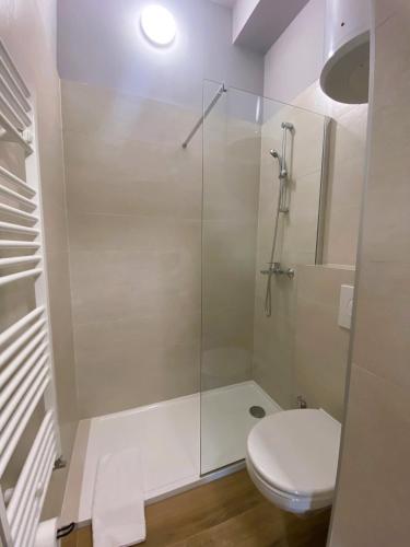 a bathroom with a glass shower with a toilet at Rooms Matić 2 in Velika Mlaka
