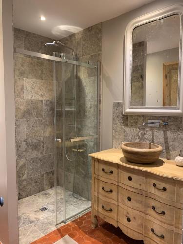 ein Bad mit einer Dusche, einem Waschbecken und einem Spiegel in der Unterkunft Le Jardin D'Elma in Vence