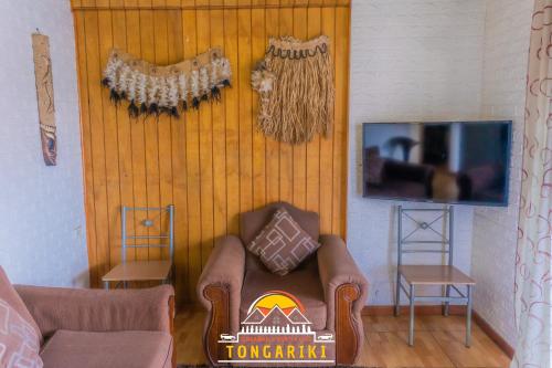 a living room with a couch and a tv at Cabaña Tongariki in Hanga Roa