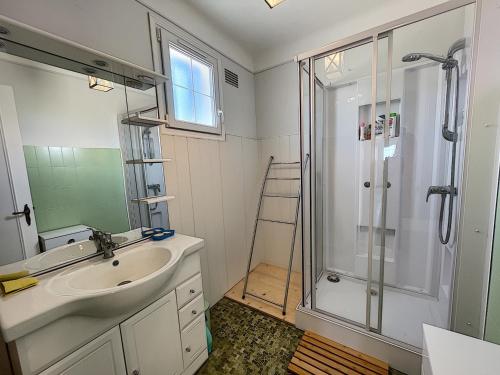 een badkamer met een wastafel en een douche bij Maison Donville-les-Bains, 4 pièces, 7 personnes - FR-1-361-425 in Donville-les-Bains