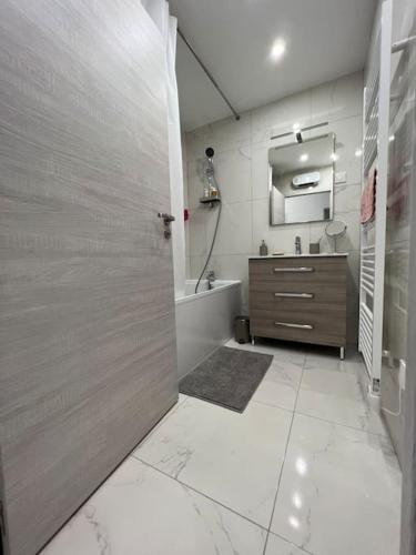 La salle de bains est pourvue d'une douche, d'un lavabo et d'un miroir. dans l'établissement Appartement Marseille - Le Canet, à Marseille