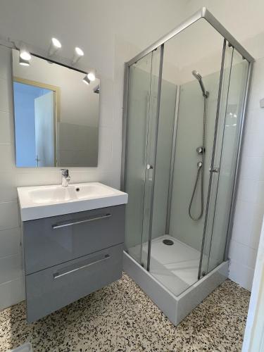 a bathroom with a glass shower and a sink at Chambre au calme en cœur de ville in Cavaillon