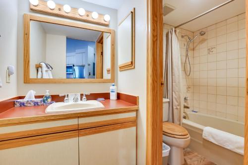 uma casa de banho com um lavatório, um WC e um espelho. em Ski-InandSki-Out Retreat with Iron Horse Pool Access! em Winter Park