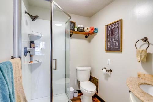 ein Bad mit einer Dusche, einem WC und einem Waschbecken in der Unterkunft Vickery Cottage on Sandusky Bay with Fire Pit! in Port Clinton