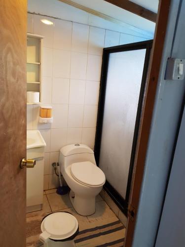 a bathroom with a toilet and a sink at Cabaña Tongariki in Hanga Roa