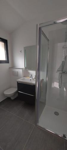 une salle de bain avec une douche, des toilettes et un lavabo dans l'établissement Petite maison cocooning aux portes de Paris, à Orly