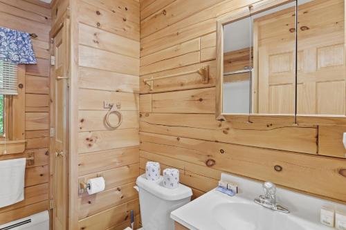 een badkamer met houten wanden, een toilet en een wastafel bij Moonbeams & Fireflies in Chestertown