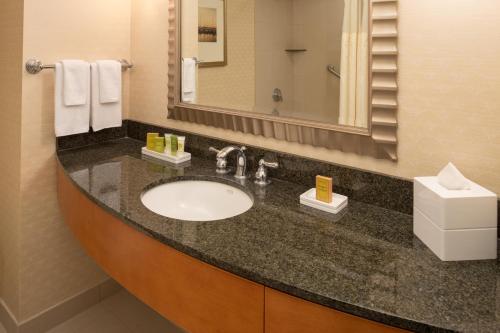 a bathroom with a sink and a mirror at Hilton Vancouver Washington in Vancouver