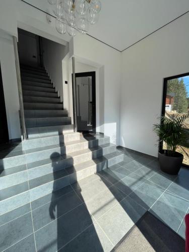 a shadow of a person walking down a staircase at Шишка in Bukovel