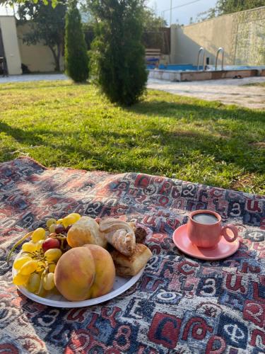 talerz jedzenia i filiżankę kawy na kocu w obiekcie Hasy tun guest house in GARNI w Garni