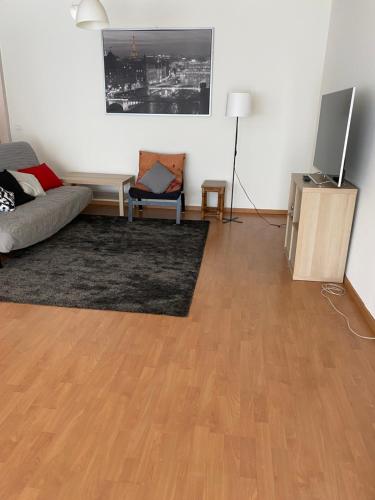 a living room with a couch and a television at Ruim 2 slaapkamer appartement dichtbij Antwerpen, haven en natuur in Brasschaat