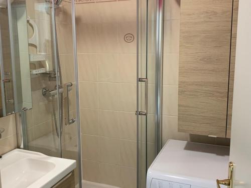 ein Bad mit einer Dusche und einem Waschbecken in der Unterkunft Appartement Fort-Mahon-Plage, 3 pièces, 4 personnes - FR-1-482-113 in Fort-Mahon-Plage