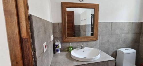 La salle de bains est pourvue d'un lavabo, d'un miroir et de toilettes. dans l'établissement Sipano Beach Lodge Kiwengwa, à Kiwengwa